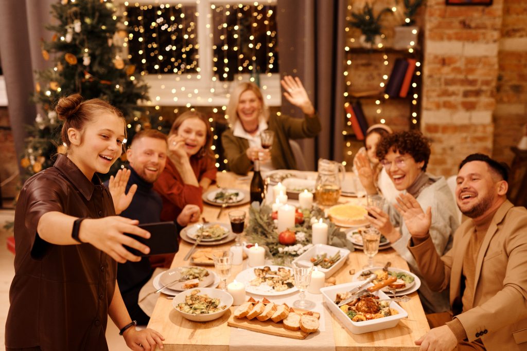 Happy people at dinner party